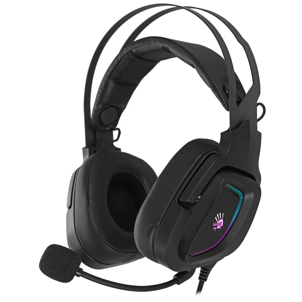 Bloody G570 Black o'yin garniturasi, USB, Virtual 7.1 Surround Sound, 50 mm, RGB-yoritish, shovqinni bostiruvchi olinadigan mikrofon